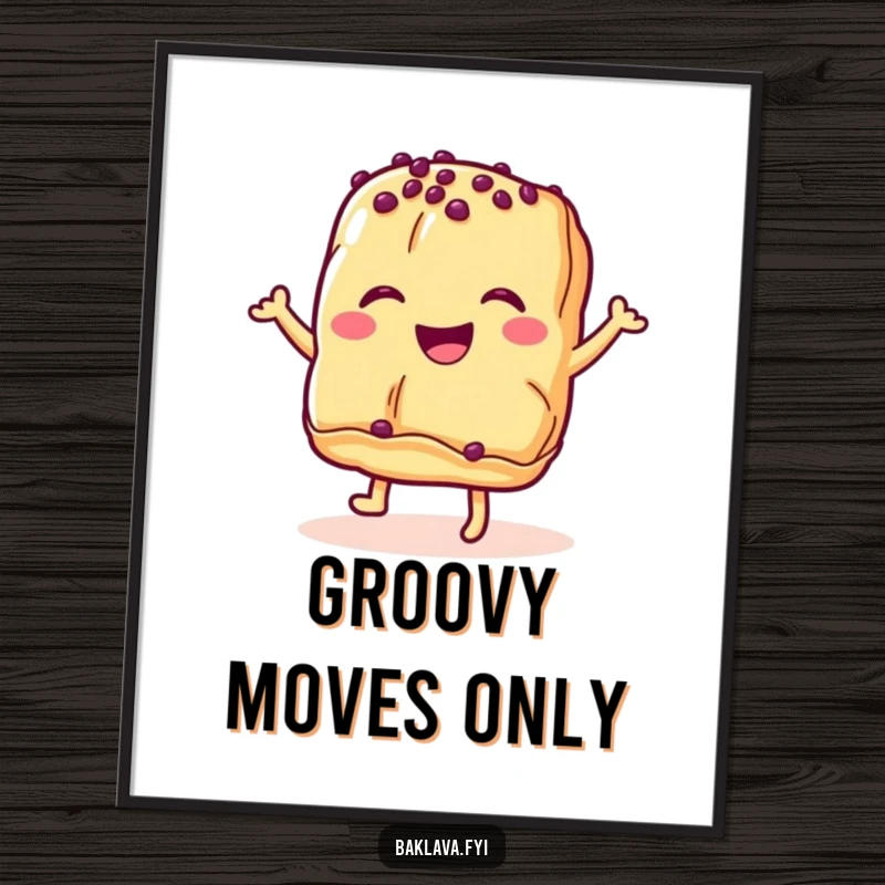 Funny baklava pastry digital art print of a smiling dessert performing a lively dance, ideal for instant whimsical decor.