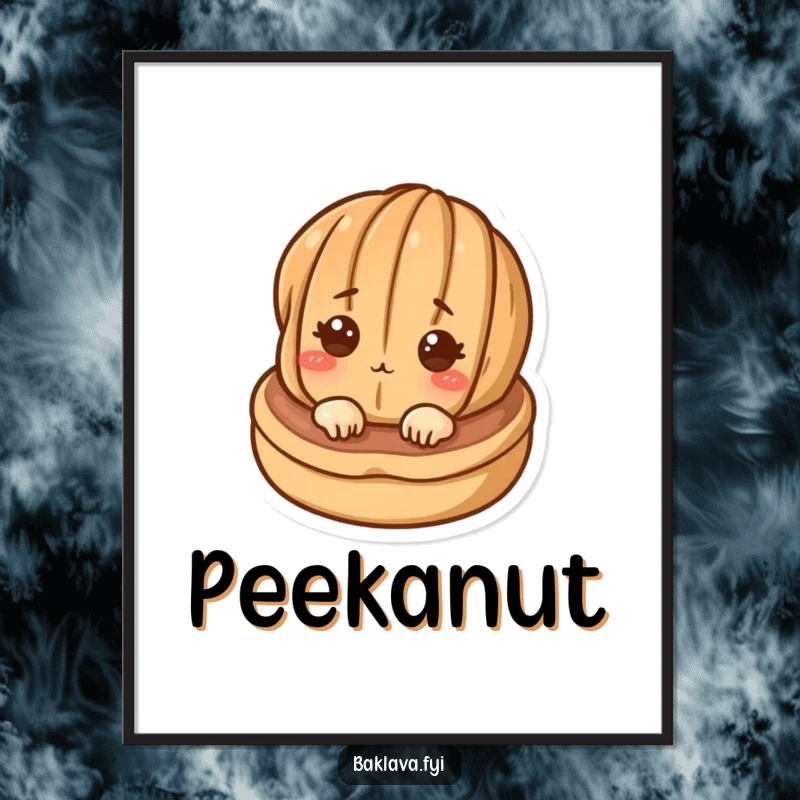 Funny digital art print of a curious walnut peeking from a pastry, offering instant humorous decoration.