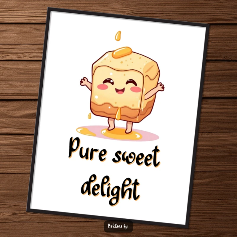 Funny baklava pastry character dancing joyfully with dripping syrup, sweet and humorous digital art print.