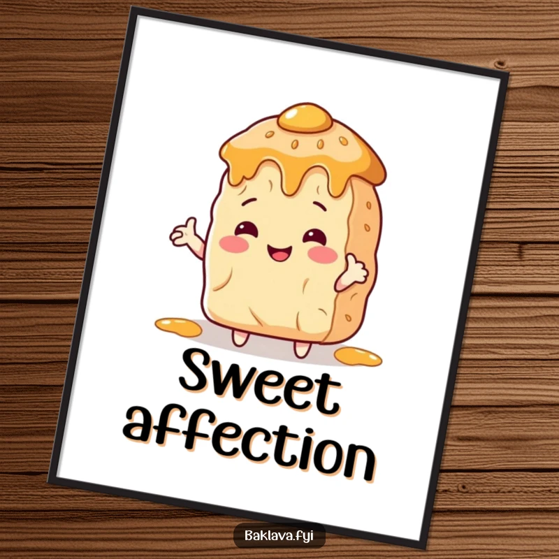 Funny Digital Art Print: A baklava with arms hugs a honey pot, a humorous and heartwarming piece of printable art.