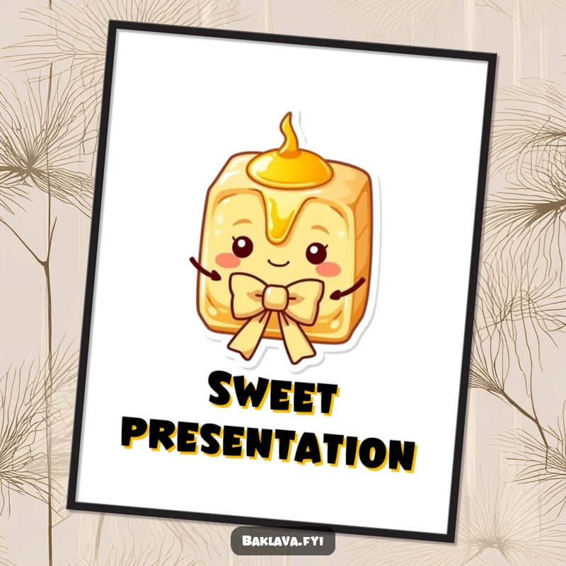 Funny Baklava Digital Art Print of a charming slice with syrup, presenting a bow, offering sweet elegant humor.