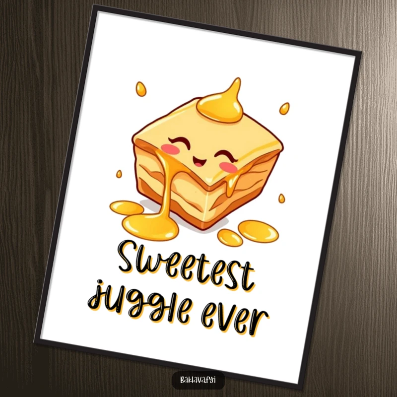 Funny baklava slice digital art print of a cheerful dessert juggling honey drips, perfect for instant whimsical decor.