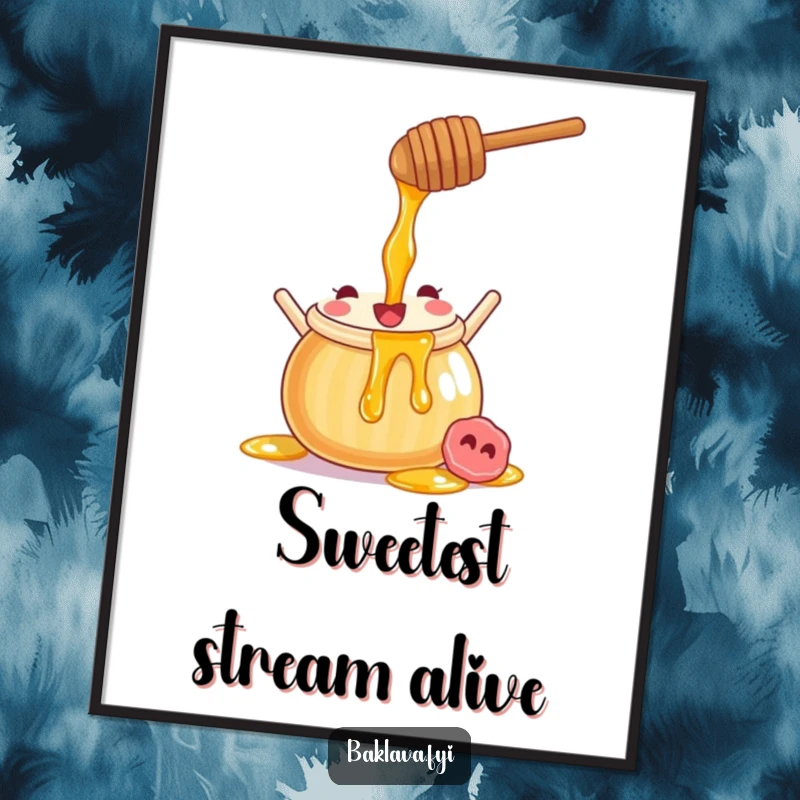 Funny honey pot digital art print of a joyful character pouring sweet syrup, perfect for instant cheerful decor.