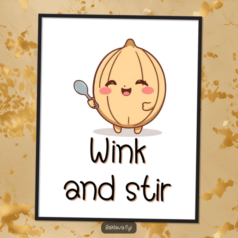 Funny walnut digital art print of a happy walnut winking and holding a tiny spoon, perfect for adding nutty humor to any wall.