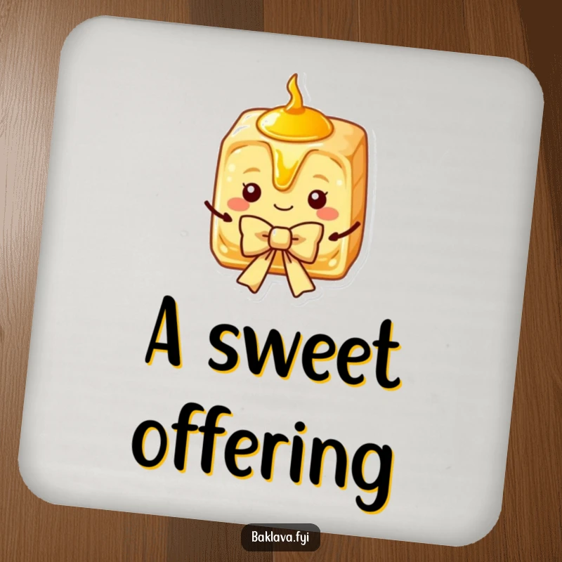 Funny Baklava Coaster featuring a charming slice with syrup, presenting a bow, adding elegant humor to tables.
