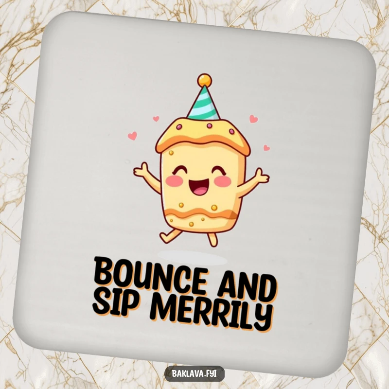 Funny coaster: a baklava character in a party hat bounces with joy, protecting surfaces humorously.