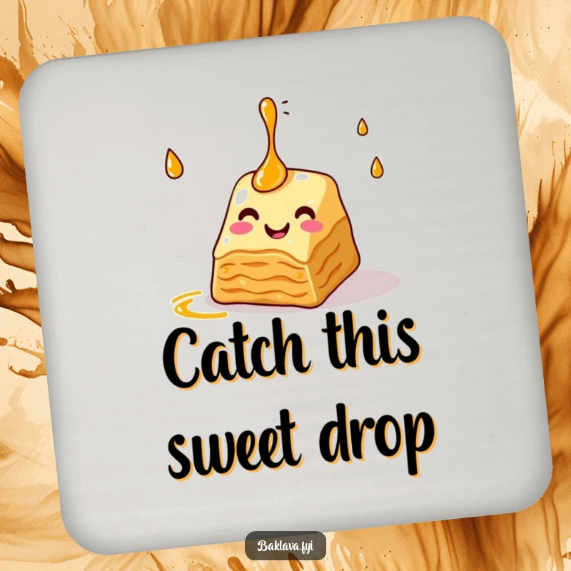 Funny baklava coaster showing a slice juggling syrup droplets, protecting surfaces with a humorous and sweet design, ideal for any table setting.