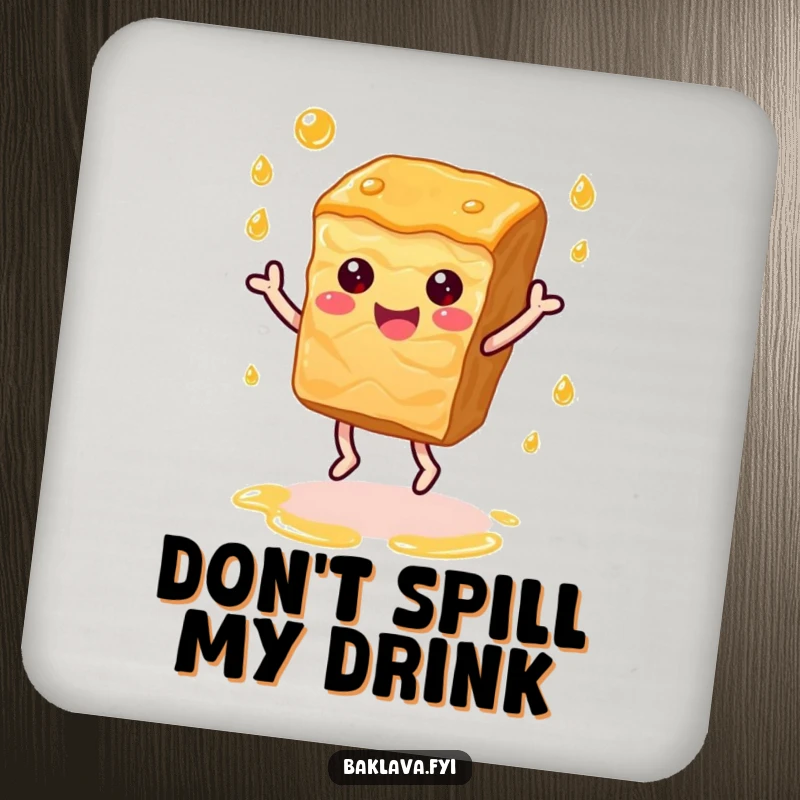 Funny baklava slice dancing with syrup droplets, a humorous and protective drink coaster.