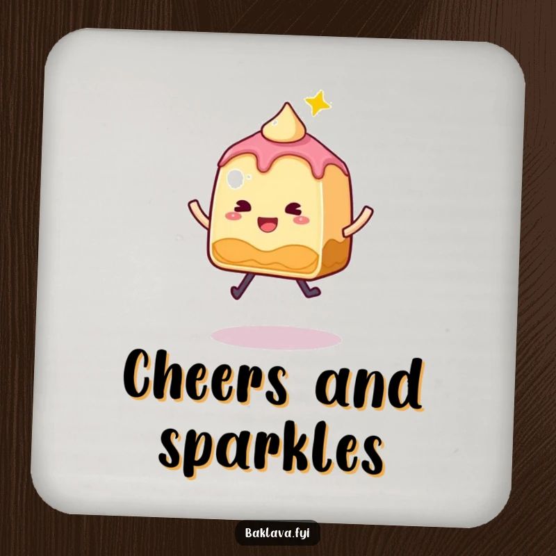 Funny Baklava Coaster featuring a whimsical, sparkly slice doing a joyful jump, adding sweet humor to tables.