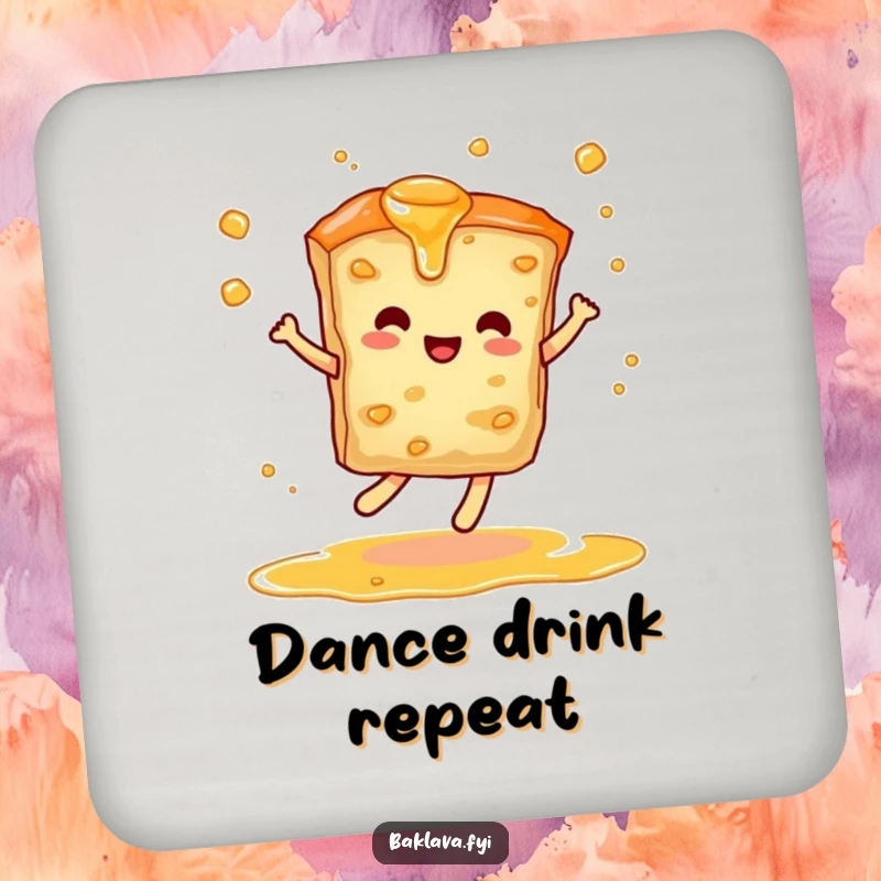 Funny coaster depicting a baklava slice dancing with syrup swirls, offering stylish, sweet, and humorous protection.