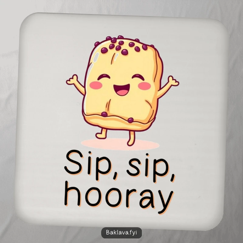 Funny baklava pastry coaster with a smiling dessert doing a happy dance, protecting surfaces with artistic flair.