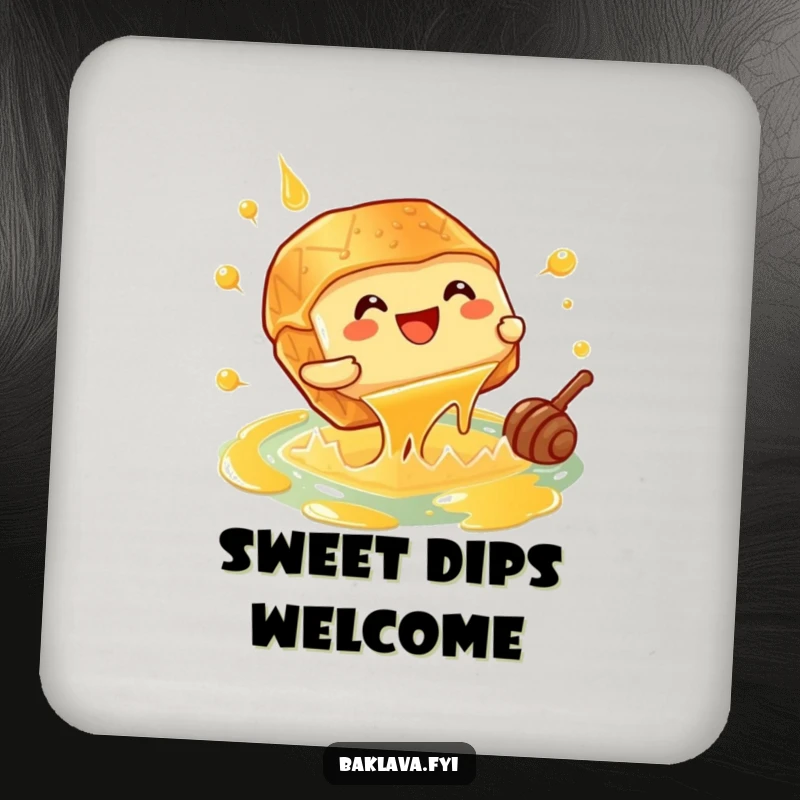 Funny giggling baklava piece doing a cannonball into a honey pool, a protective coaster with a sweet design.