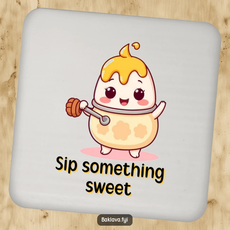 Funny Kawaii honey pot character with a tiny ladle, stirring enthusiastically, on a protective drink coaster, offering a touch of humor and charm.