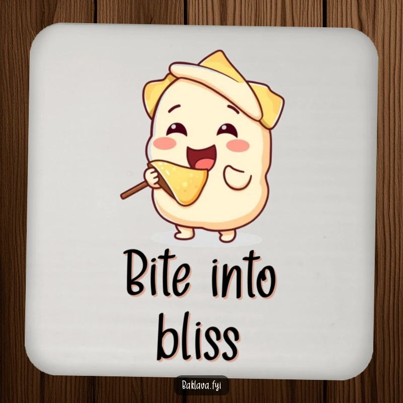 Funny, joyful phyllo dough character happily taking a bite from itself, on a protective drink coaster, adding a humorous and unique touch.