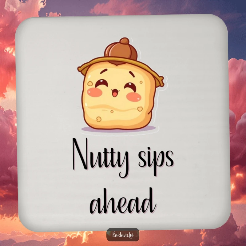 Funny surprised baklava wearing a walnut hat, tilting its head, a protective coaster with a humorous design.