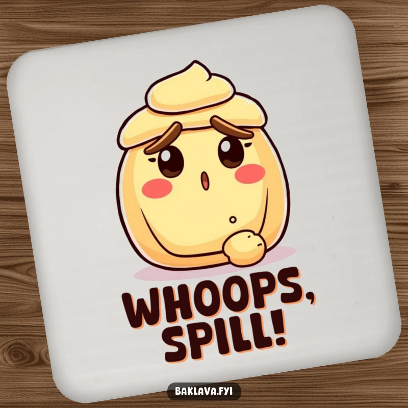 Funny surprised pastry with raised crust eyebrows, reacting to a falling crumb, as a protective drink coaster, delivering comical baked good vibes.