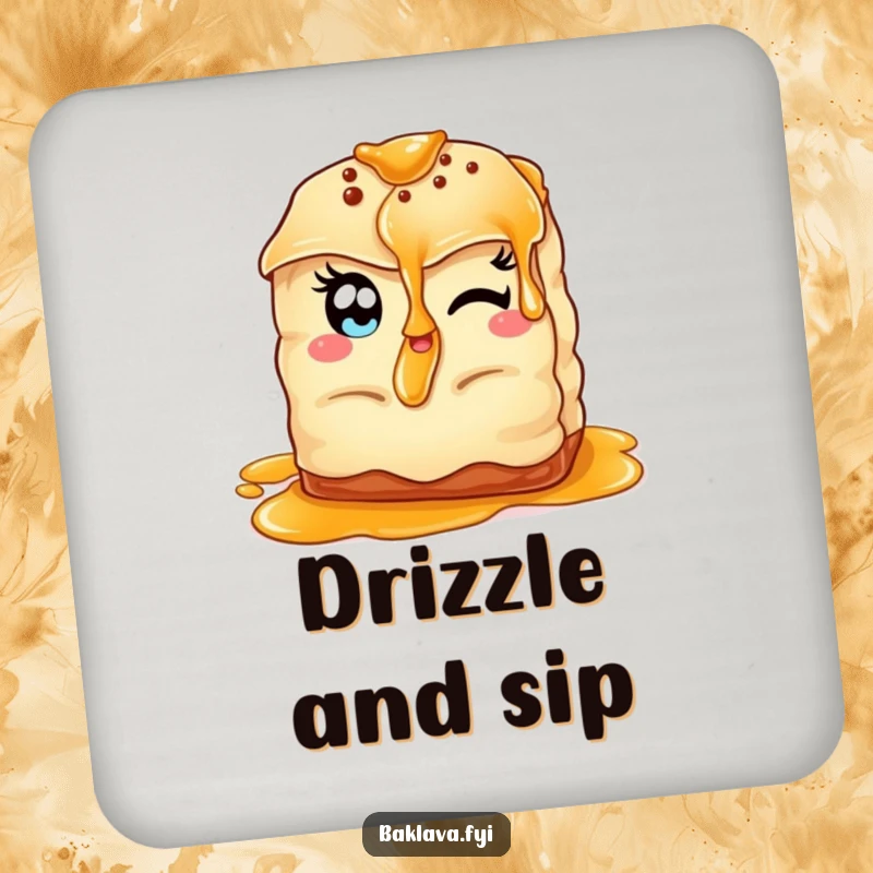 Funny winking baklava drink coaster showing a baklava with almond eyes, offering syrup, humorously protecting surfaces.