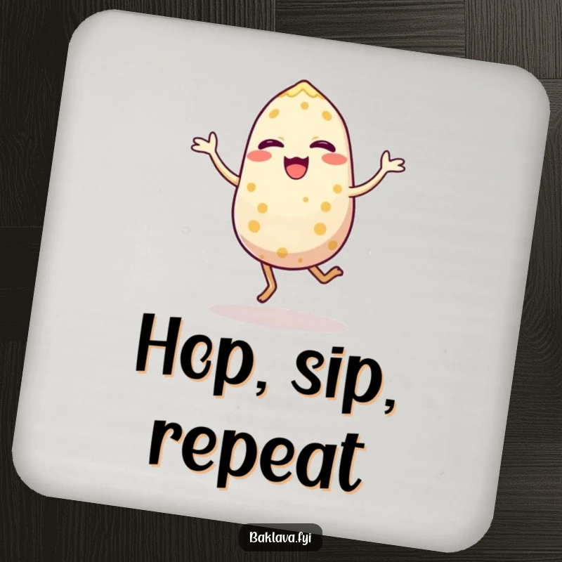 Funny drink coaster featuring a joyful sesame seed in an energetic hop, protecting surfaces with vibrant, humorous artwork. A practical and amusing item.