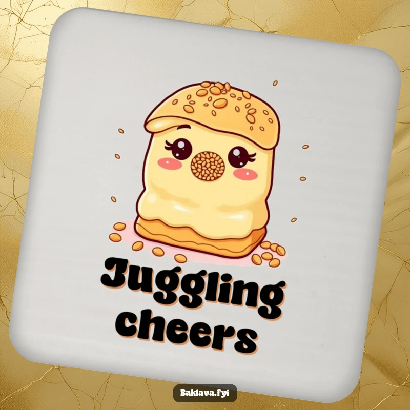 Funny Coaster: A baklava with a sprinkle nose juggles sesame seeds, offering playful and funny protection.
