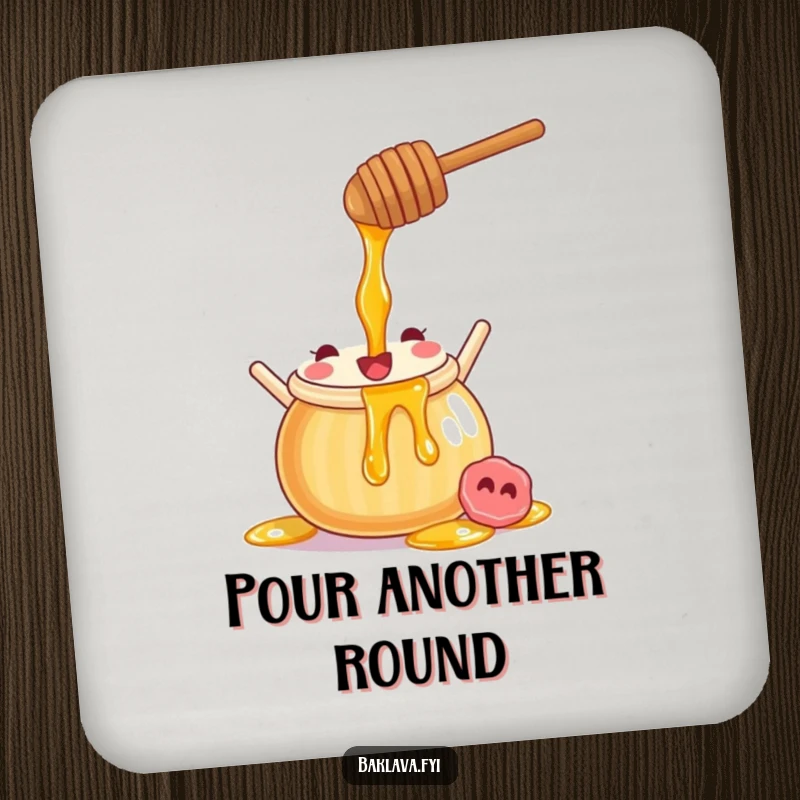 Funny honey pot coaster with a joyful character pouring sweet syrup, protecting surfaces with sweet art.