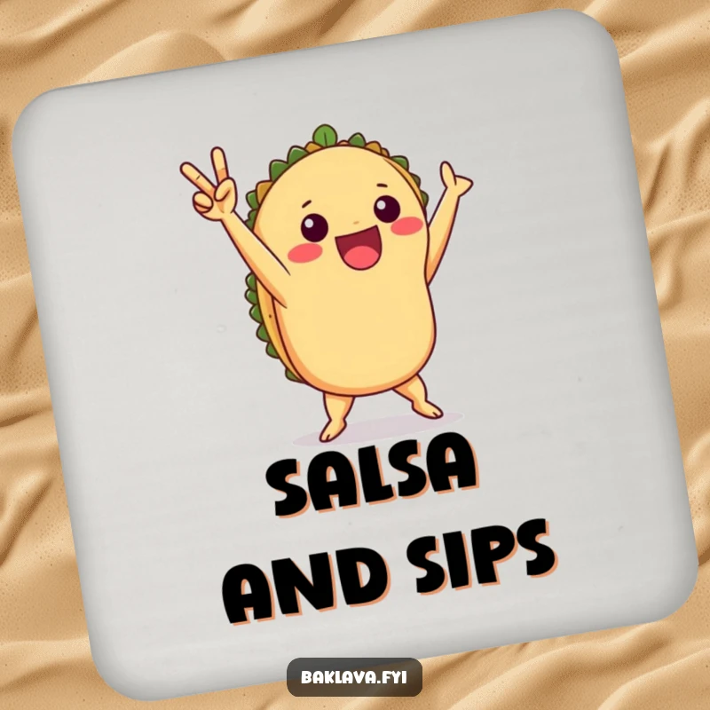 Funny taco victory dance drink coasters with a playful taco celebrating, protecting surfaces with style.