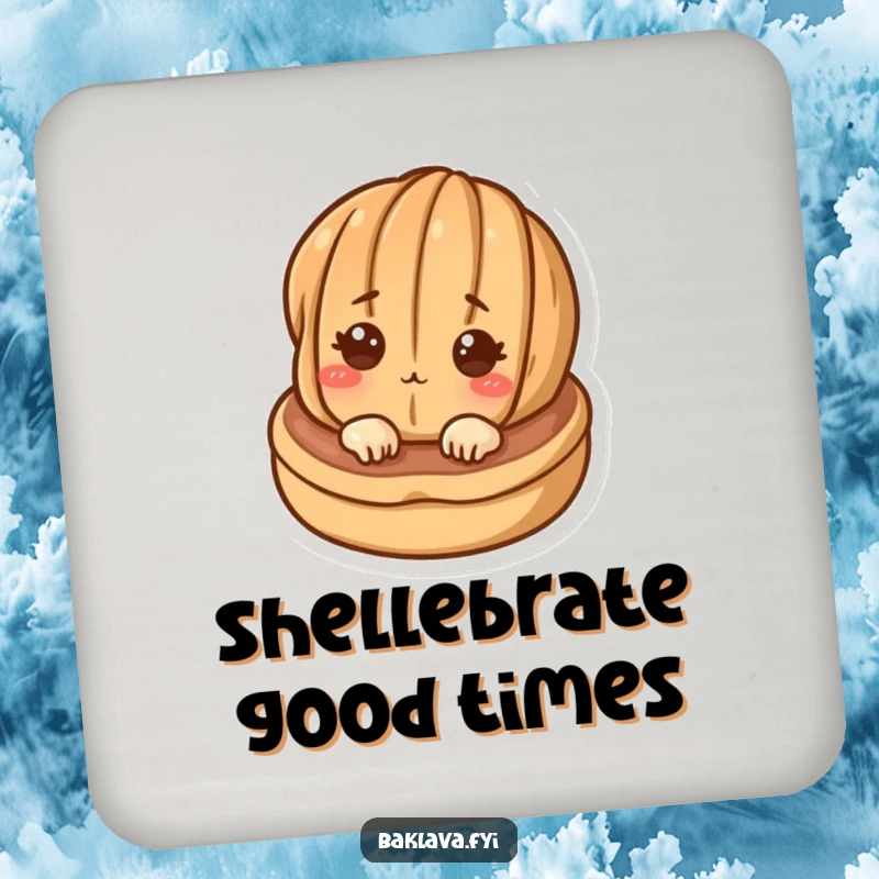 Funny curious walnut peeking from a pastry on a set of drink coasters, providing humorous surface protection.