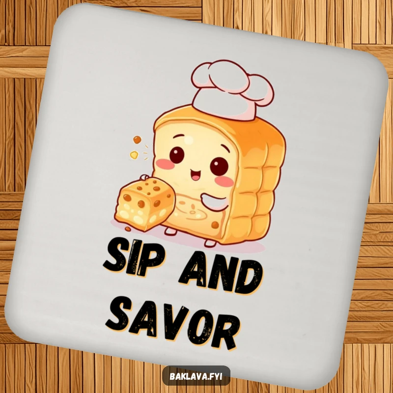 Funny baklava character chef with a tiny hat, offering a bite, a humorous and protective drink coaster.