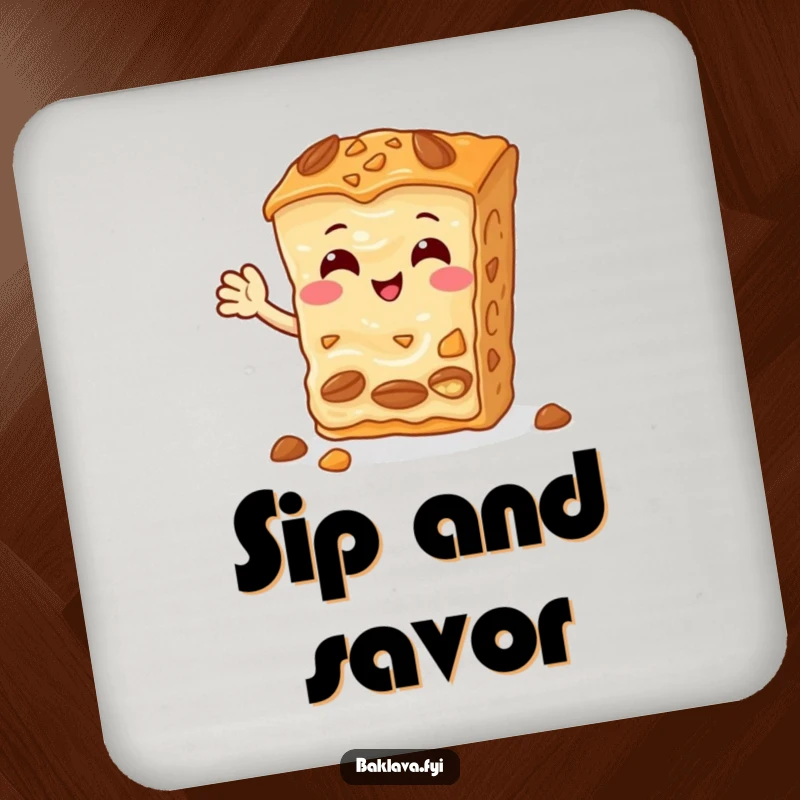 Funny Baklava Coaster featuring a cheerful slice with nuts waving hello, adding sweet humor to table settings.