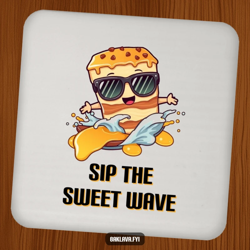 Funny coaster: a baklava slice with sunglasses surfs a syrup wave, protecting surfaces humorously.