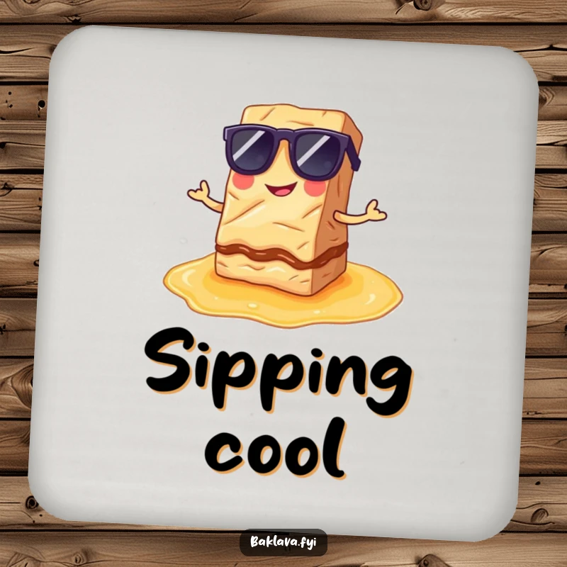 Funny Coaster: A baklava slice in sunglasses poses on syrup, offering cool and funny protection.