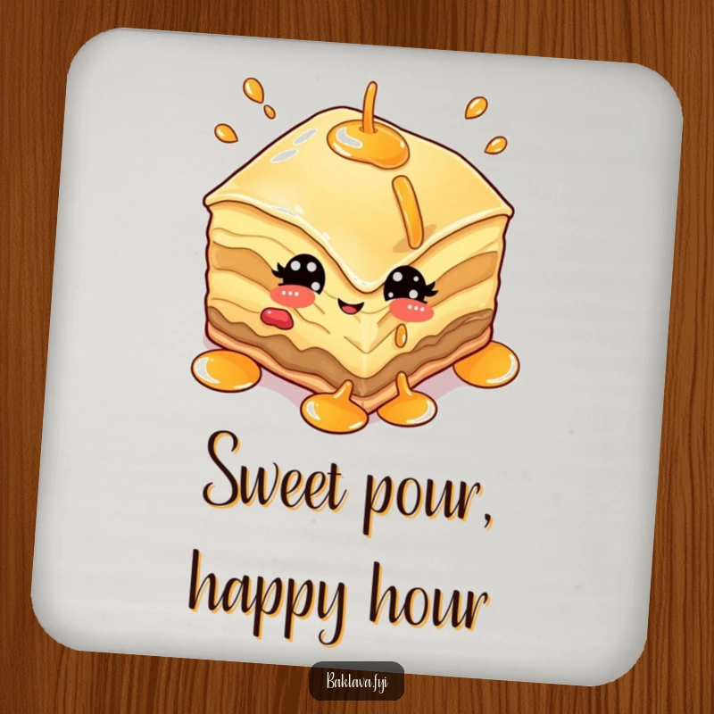 Funny baklava coaster featuring a winking character juggling syrup, adding a touch of sweetness while protecting surfaces.