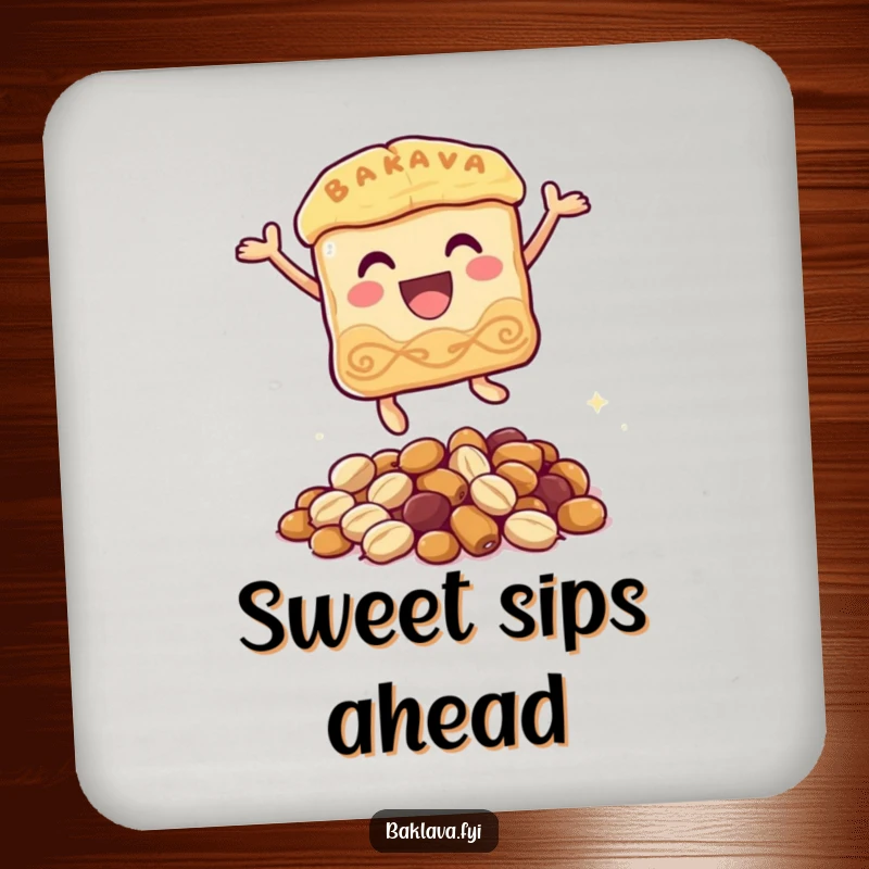 Funny baklava coaster featuring a happy baklava character joyfully leaping over a small pile of nuts, adding a humorous touch to any drink setup.