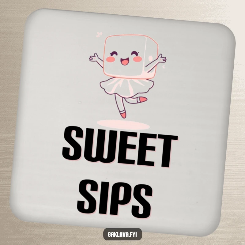 Funny sugar cube coaster featuring a delighted cube performing a ballet pirouette, protecting surfaces with a dose of sweet humor.