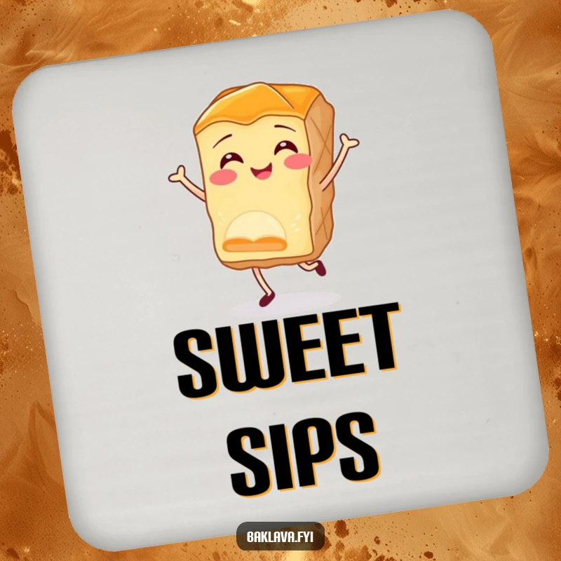 Funny baklava coaster featuring a smiling piece of pastry doing a joyful little jig, protecting surfaces with a dose of dessert humor.