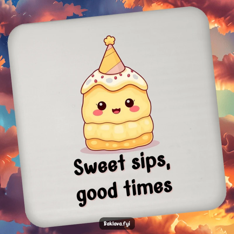 Funny baklava coaster showcasing a character in a party hat, protecting surfaces from drinks with a humorous and sweet design, perfect for party tables.