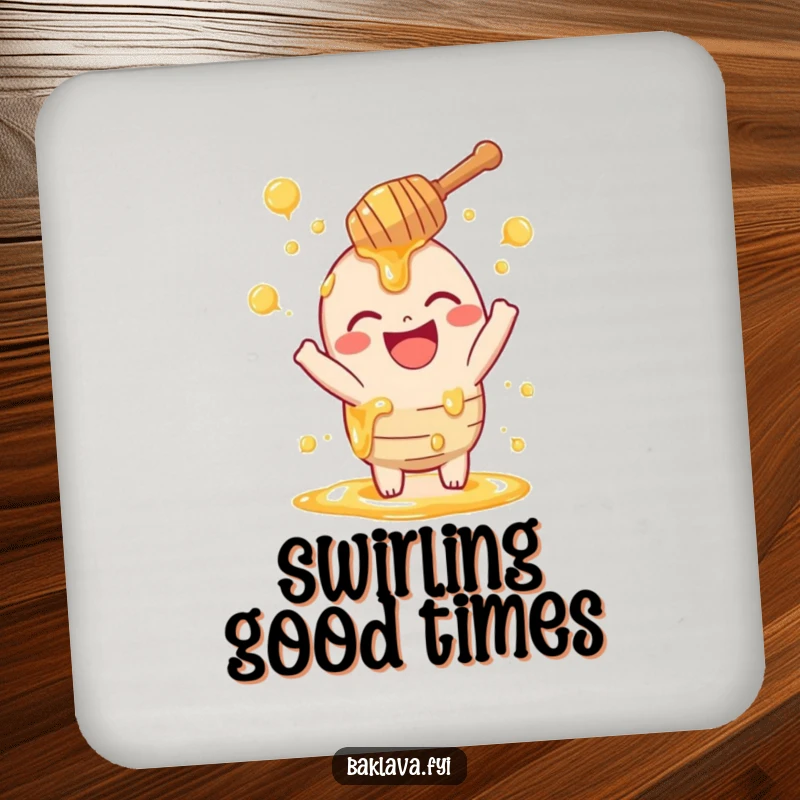 Funny honey dipper coaster featuring a laughing dipper playfully sprinkling swirls, protecting surfaces with a dose of sweet humor.