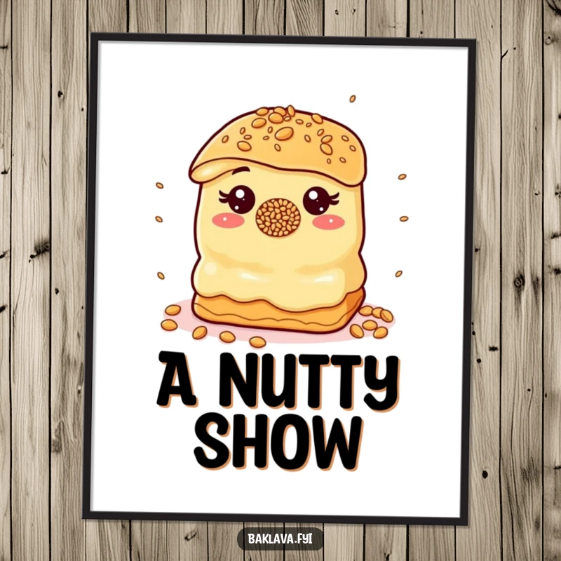 Funny Poster: A baklava with a sprinkle nose juggles sesame seeds, a humorous and whimsical piece of art.