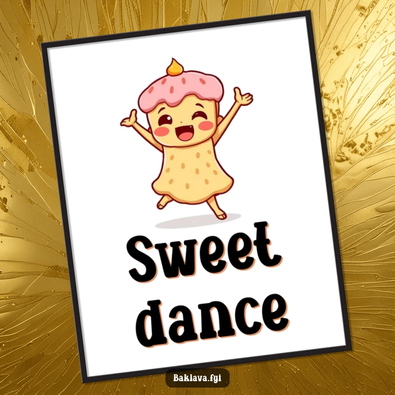 Funny poster of a piece of baklava in a triumphant dance pose, bringing sweet, humorous celebration art to any room.