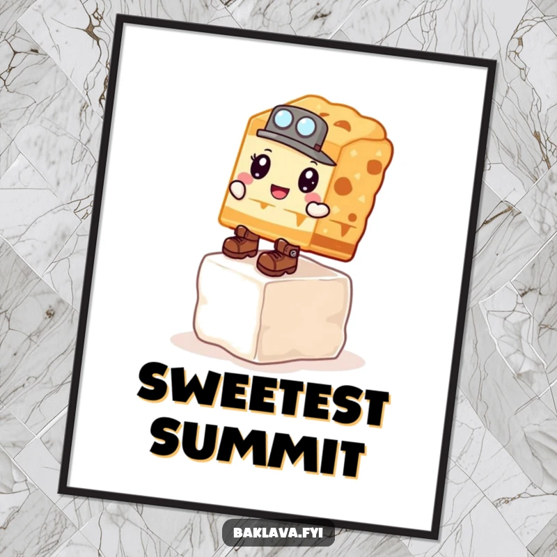 Funny Poster: A determined baklava slice in boots climbing a sugar cube, a humorous and inspiring piece.