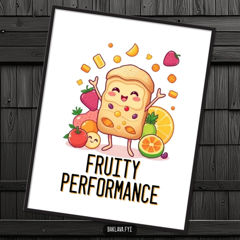 Funny baklava poster depicting a smiling baklava character skillfully juggling a vibrant mix of candied fruits, adding joy to any room.
