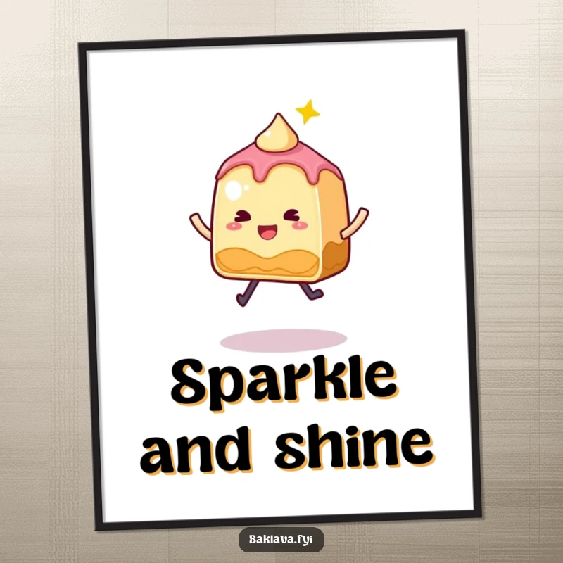 Funny Baklava Poster showcasing a whimsical, sparkly slice in a delightful jump, adding sweet joy to decor.