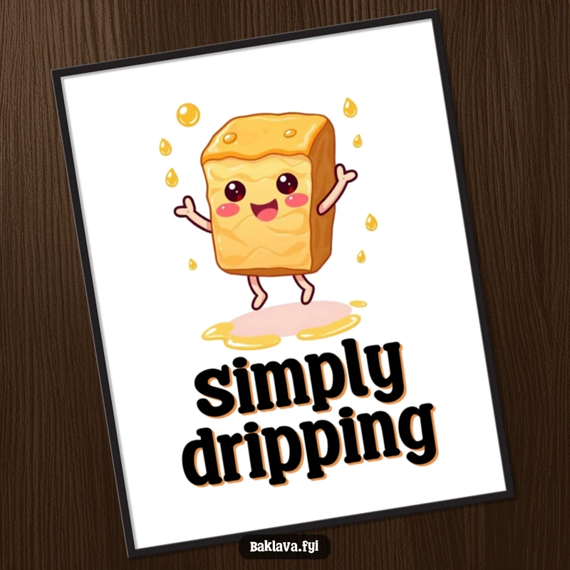 Funny happy baklava slice dancing joyfully with syrup droplets, a lively and humorous poster.