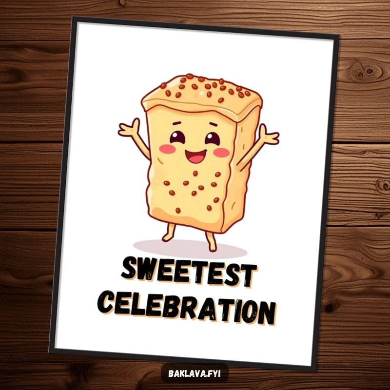 Funny baklava piece joyfully dancing, a poster print adding sweet, dessert-themed humor and cheerful decor.