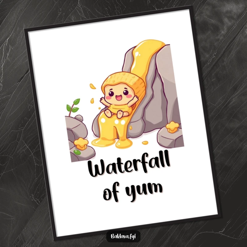 Funny cheerful baklava character sliding down a golden honey waterfall, a beautiful and humorous poster.