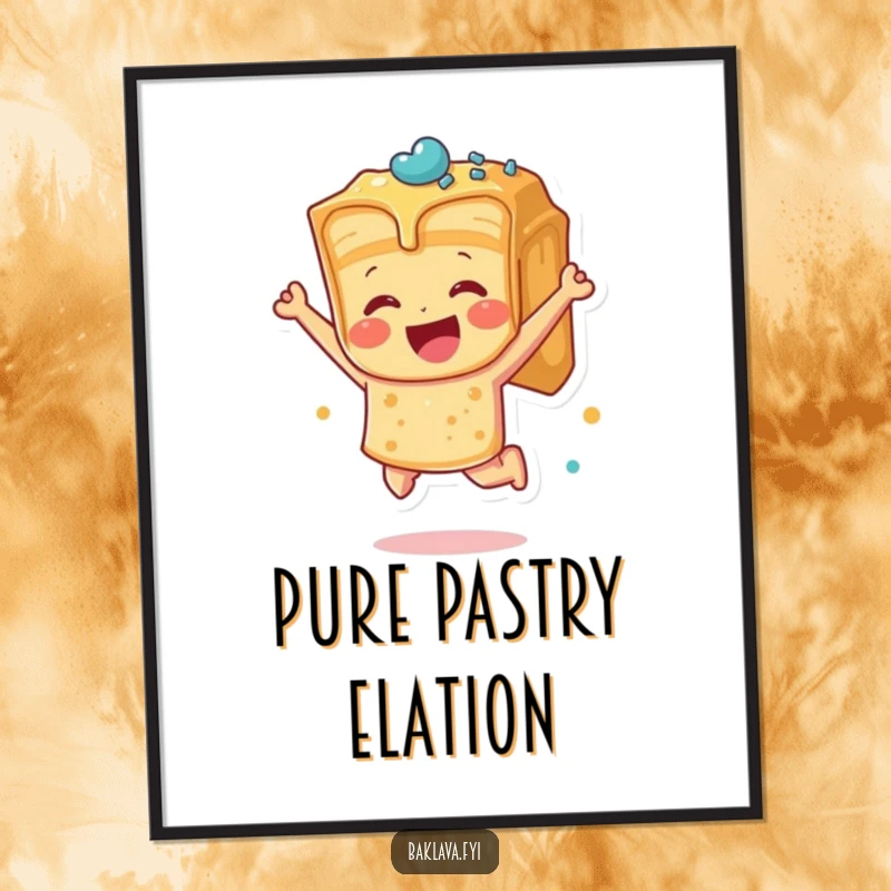 Funny baklava piece leaping with joy, a poster print adding pure, dessert-themed humor and celebratory decor.