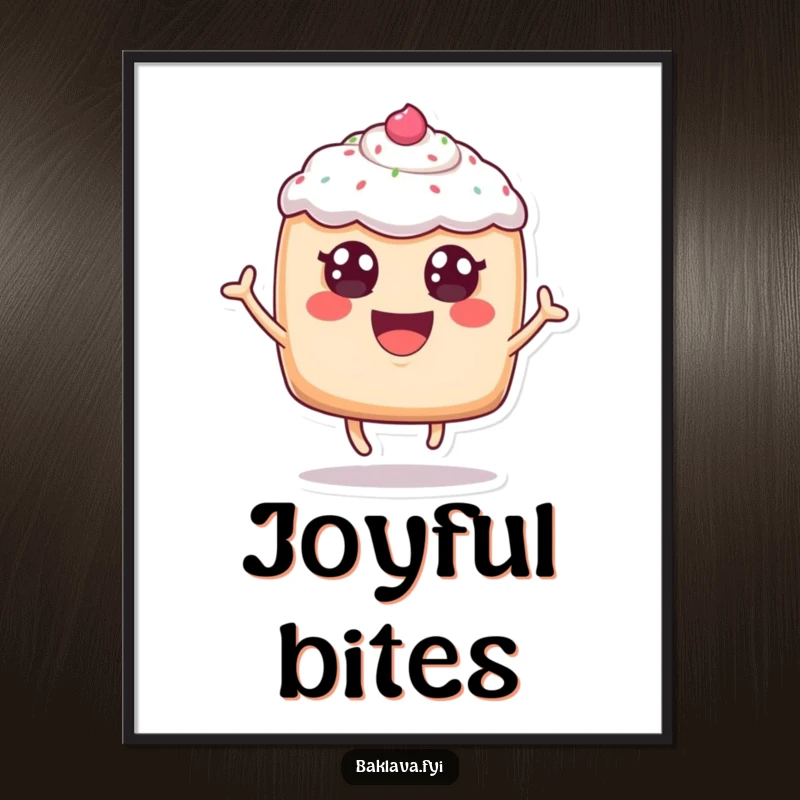 Funny, cheerful anthropomorphic pastry with frosting eyes leaping joyfully, as wall art, radiating playful baked good energy and happiness.