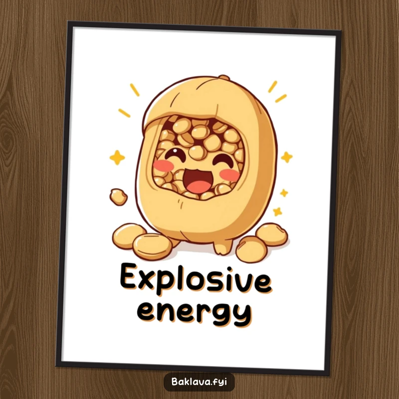 Funny nut filling poster showing a playful character bursting with excitement, ideal wall art for kitchens or cafes.