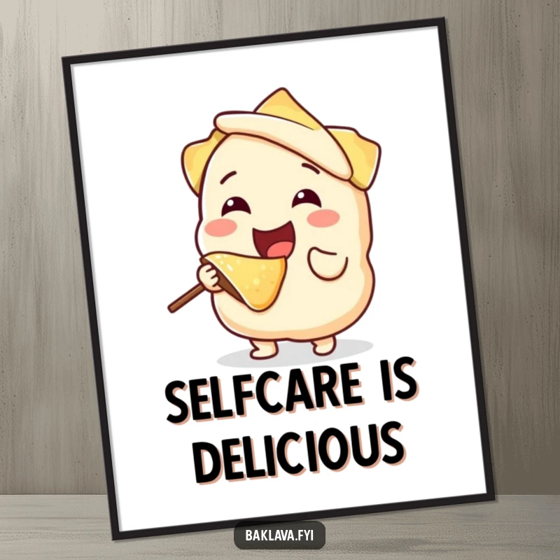 Funny, joyful phyllo dough character happily taking a bite from itself, framed as humorous wall art on a poster, ideal for kitchens.