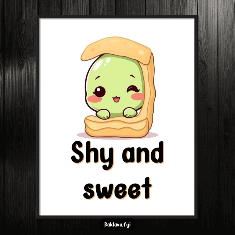 Funny poster featuring a shy pistachio nut peeking from behind a baklava layer, creating a charming and humorous visual. Decorative wall art.