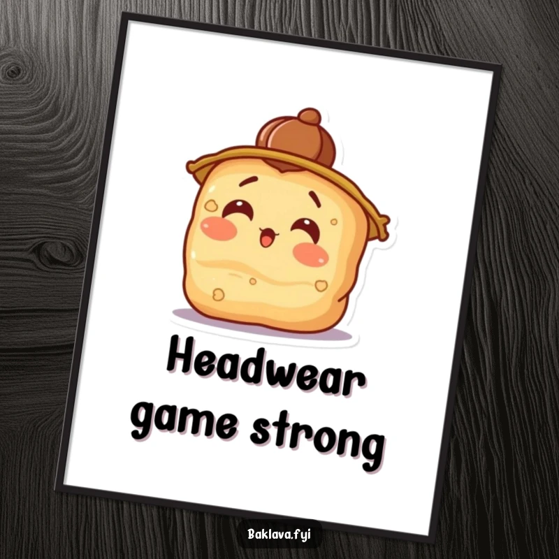 Funny surprised baklava wearing a walnut hat, tilting its head, a whimsical poster for humorous decor.